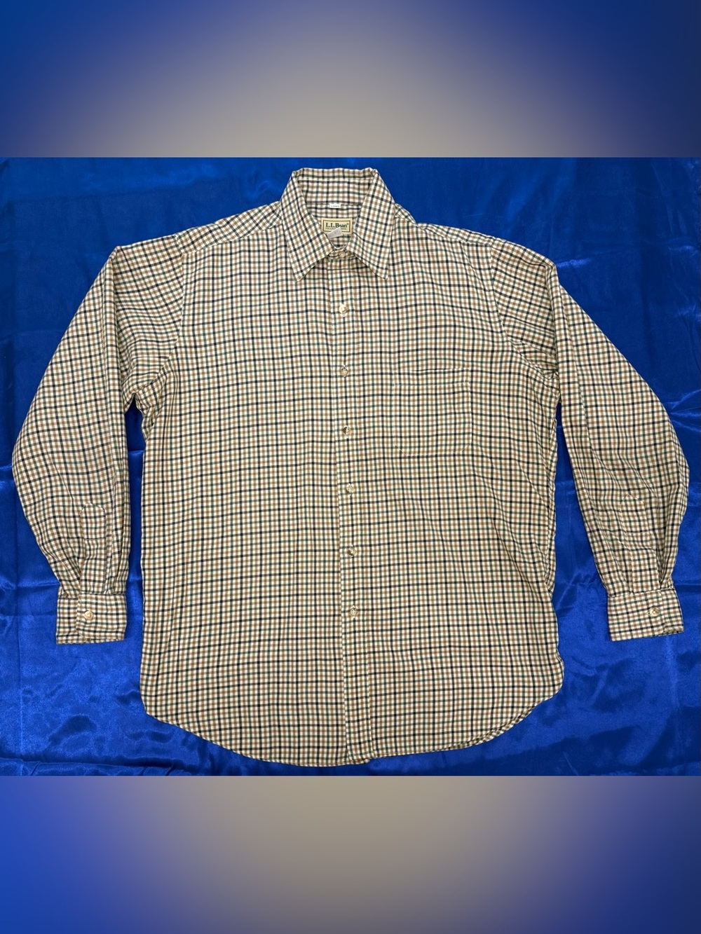L.L. Bean Men's Tan, Blue, Green & Cream Checked Button-Down Shirt - Large Long
